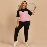 Women's summer color contrast half sleeve round collar blouse stretch waist slim trousers loose sport suit set of 2 plus size Sai Feel